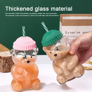 Bear Cup Bear Straw Cup, Cute Bears Glass Cup with Straw, 500ml Reusable Glass Tumbler with Lid for Iced Coffee, Milk Tea, and Cocktails, Dishwasher Safe