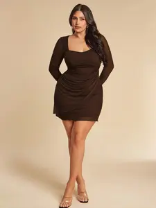 BAE Plus Size Women's Spring/Summer Dress, Sexy Fitted Ruffle Hem Mini Long Sleeve Mesh Dress, Brown Dress, Elegant Dress, Cocktail Dress, Elegant Mini Dress For Women