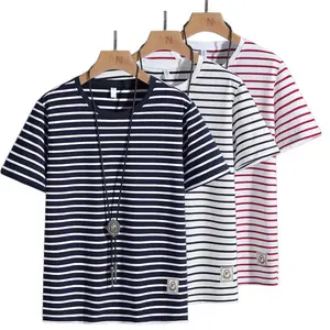 New summer Japanese retro color-block striped pure cotton crewneck T-shirt—loose fit, versatile trendy casual wear for everyday commuting; relaxed style, comfortable, breathable, high-quality top.