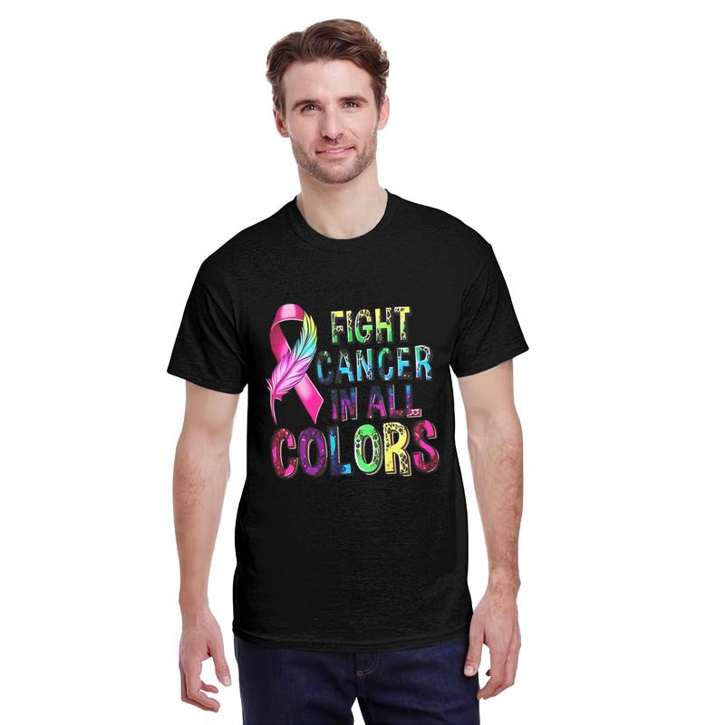 Men's Round Neck Short-Sleeve Casual Retro T-Shirt, Funny Vintage Graphic Menswear with Colorful Ribbon, Cancer Awareness Apparel for Survivors, Summer-Fall Gift, Tshirt