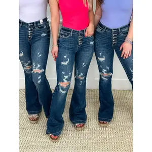 Judy Blue Eliza Distressed Mid Rise Button Fly Trouser Flare Dark Wash Jeans