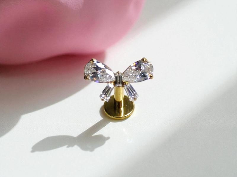 Bow Belly Button Ring Gorgeous Cz Gem Decor Gold Silver Threadless Push Pin Piercing Jewelry for Women