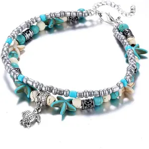 Blue Turtle Anklets for Women Multilayer Beads  Beach Ankle Bracelet Set Boho Foot