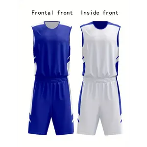 [Reversible Basketball Jersey Set] [Lightweight Design] Reversible Basketball Jersey and Shorts Set, Polyester Knit Fabric, Sports Style, Regular Fit, with Drawstring Waist, for Teens, Spring/Summer/Fall - Striped Pattern, 120-1.0g/m²