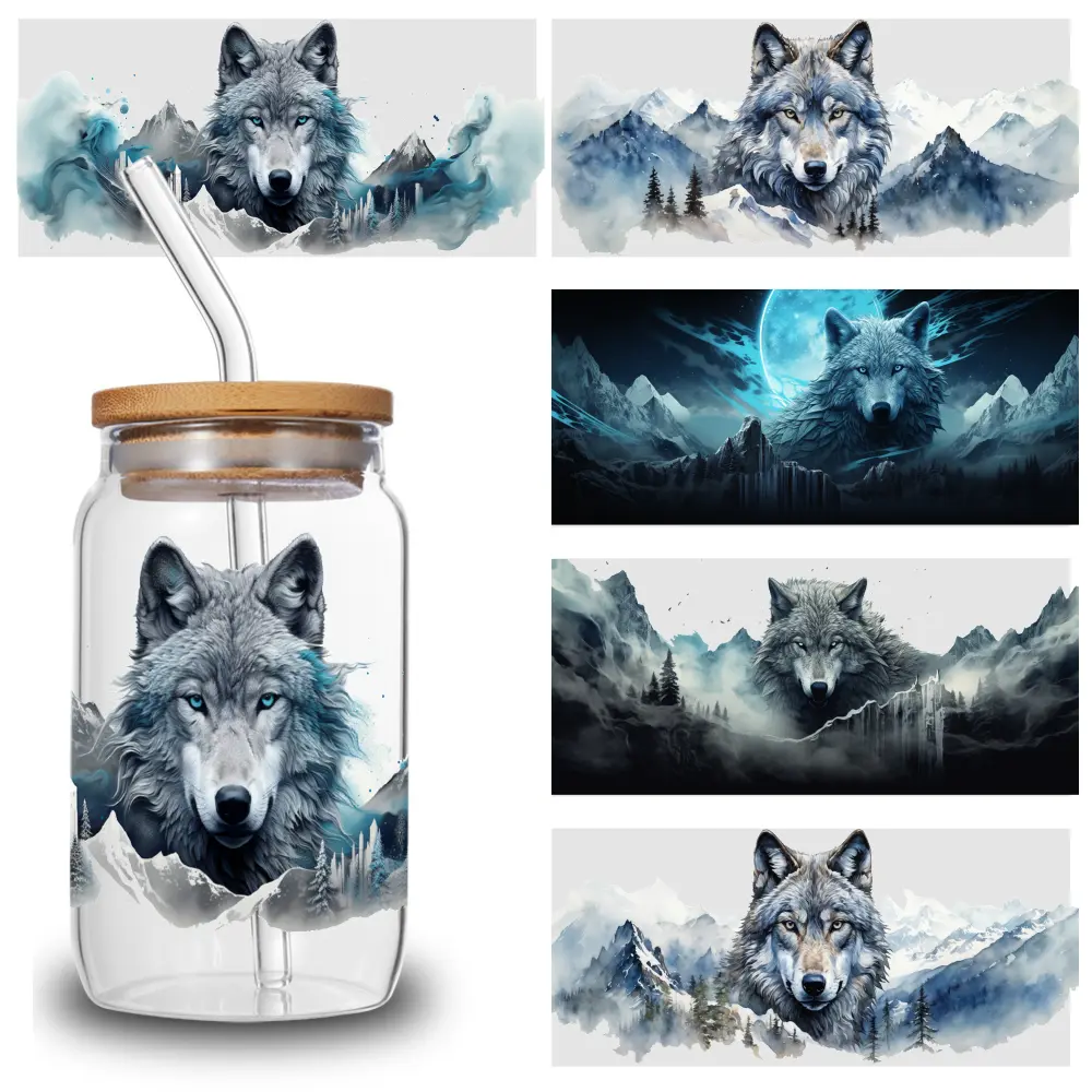 5 Sheets Wolf Design UV DTF Stickers Decoration Designs Waterproof Rub on Transfers Waterproof Decals Home Decor Suitable for 16 oz Glass aesthetic cute vintage bundle Wrap creative craft practical joke gift girl kid teen adult diy