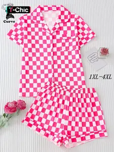 【Plus Size】 Checkerboard Print Short Sleeve Top & Shorts Pyjama, Casual Comfy PJ Set for Women, Women's Sleepwear for Summer, Loungewear, Gingham Pajamas Set