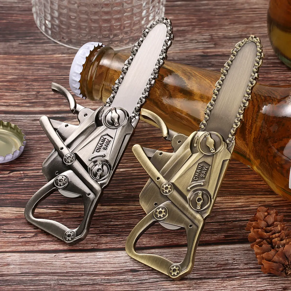 Chain Saw Bottle Opener, Unusual Beverage Tool, Home Bar Accessories, Bottle Cap Opener, Ideal for Home Bars, Diverse Drink Opening Solution, Perfect Gift for Barbecue Enthusiasts, Durable