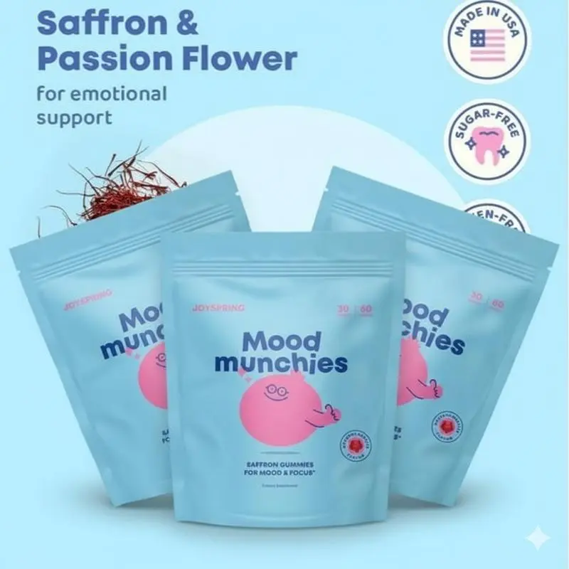 JoySpring Saffron Gummies Plant-Based Formula for Daily Wellness Mood Munchies with Saffron & Passion Flower for Emotional Support Sugar-Free Gluten-Free Made in USA