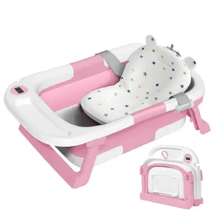 Collapsible Baby Bathtub,Baby Bath Tub with Thermometer & Soft Cushion,Baby Bathtub  Newborn to Toddler 0-36 Months,Portable Travel Baby Tub with No-Slip Feet,Baby Shower Gifts,Pink