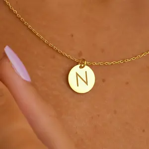 Letter Engraved Disc Necklace, Personalize Letter Necklace, Customized Initial Necklace, Initial Bridesmaid Necklace, Disc Letter Pendant, Initial Christmas Necklace, Initial Minimalistic Necklace, Letter Birthday Necklace Gift For Her, Disc Coin Necklace