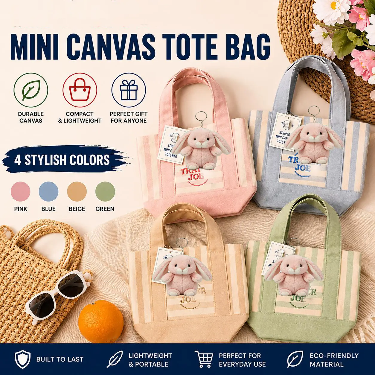 Classic Striped Canvas Tote Bag in Pastel Colors with Handy Front Pocket, Lightweight Reusable Bag for Daily Use, Grocery Runs & Beach, Blue, Shopping, Solid-Color Handles, Casual, Foldable, Grocery Shopping, Everyday Carry, Durable Daily Use, Beach Girl,