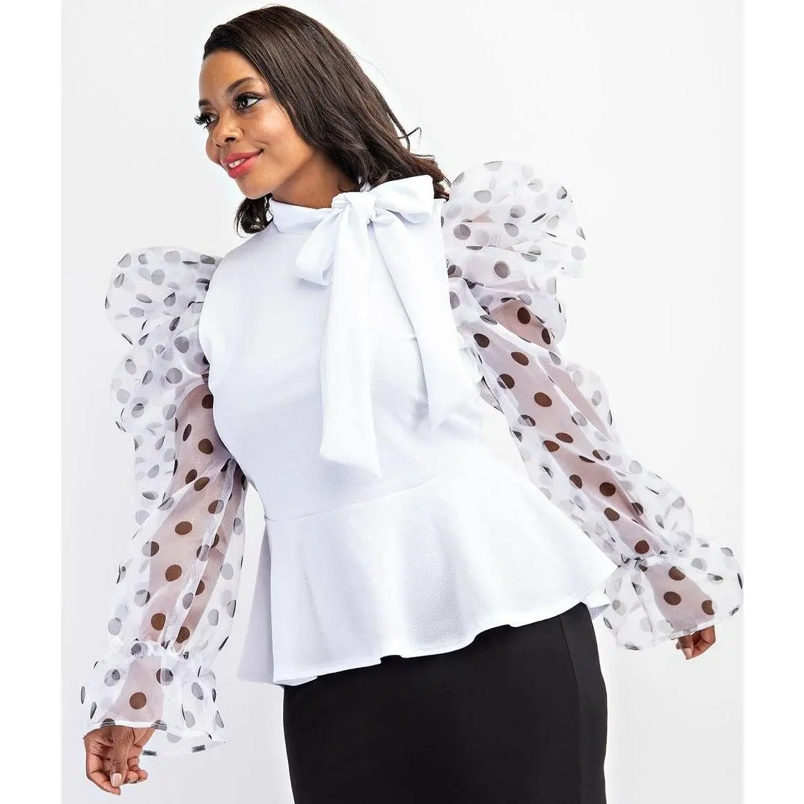 Balloon Organza Sleeve Peplum Top