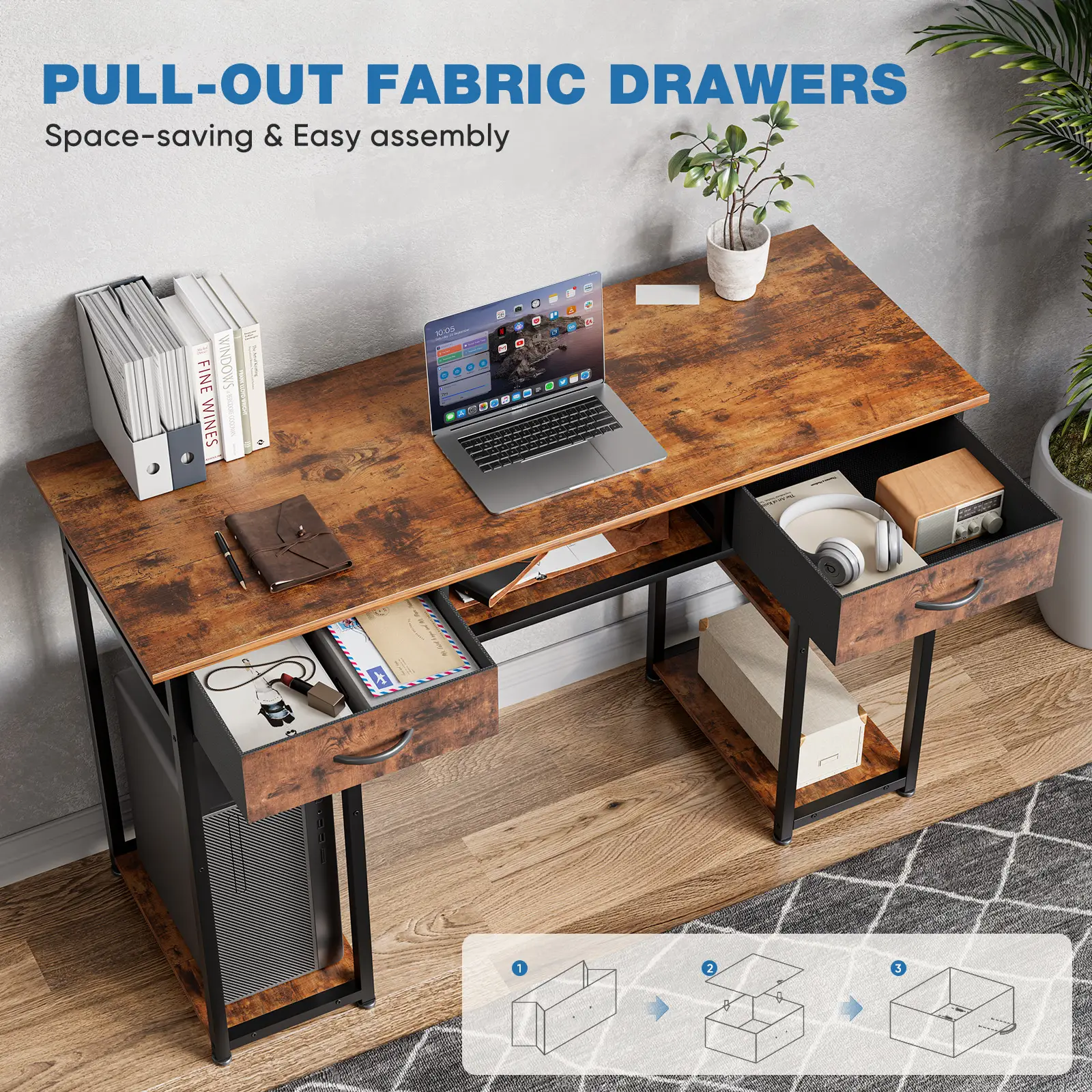 Computer Desk Home Office Bedroom Writing Study PC Table with Storage Space Fabric Side Bag Headphone Hook Metal Frame Adjustable Feet