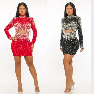 Luxury Pearl & Rhinestone Cutout Mini Dress – Long Sleeve Sparkly Bodycon