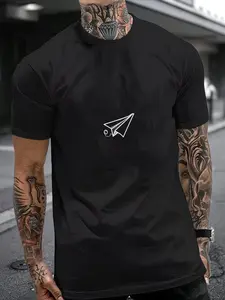 Men's Cotton T-Shirt, Paper Plane Graphic Print, Regular Fit Round Neck Short Sleeve, Breathable, All-Season Casual Streetwear