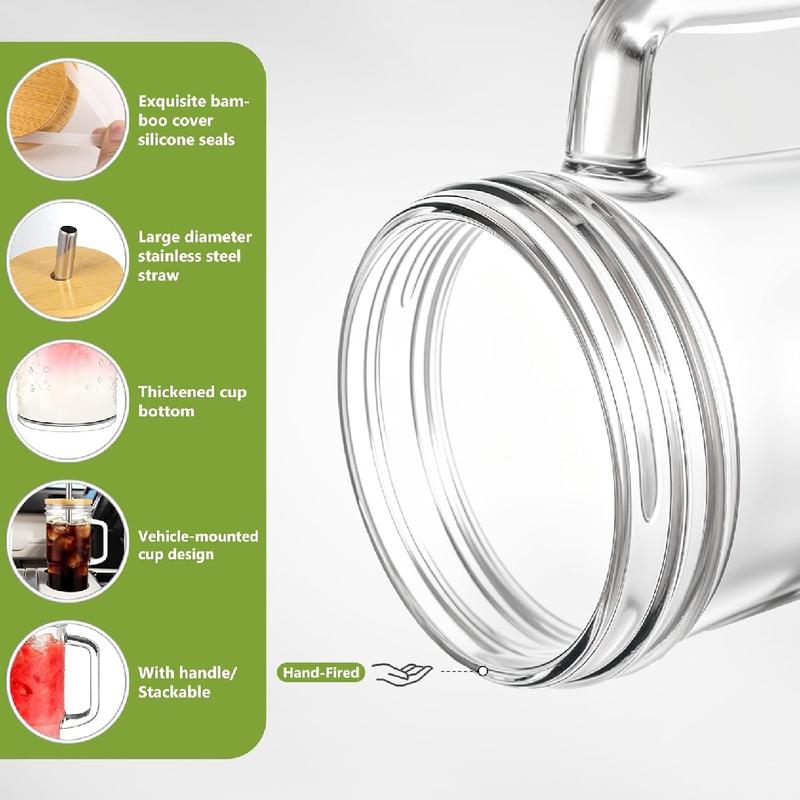 4 Pack 24oz Glass Cups with Handles, Iced Coffee Tumblers with Bamboo Lids & Stainless Steel Straws – Reusable Mason Jar Cups for Boba, Smoothies & Hot Drinks