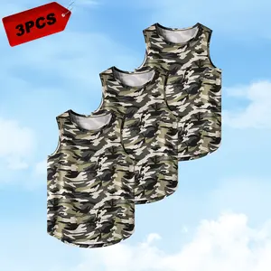 3PCS Men's Summer Camouflage Crew Neck Tank Top, Comfortable Breathable Sleeveless Shirt, Suitable for Spring and Summer Outdoor Activities
