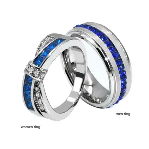 Ringcrown Couple Rings Matching Rings Princess Cut AAA CZ White Gold Plated Women Wedding Ring For Him And Her Men Titanium Steel Wedding Band