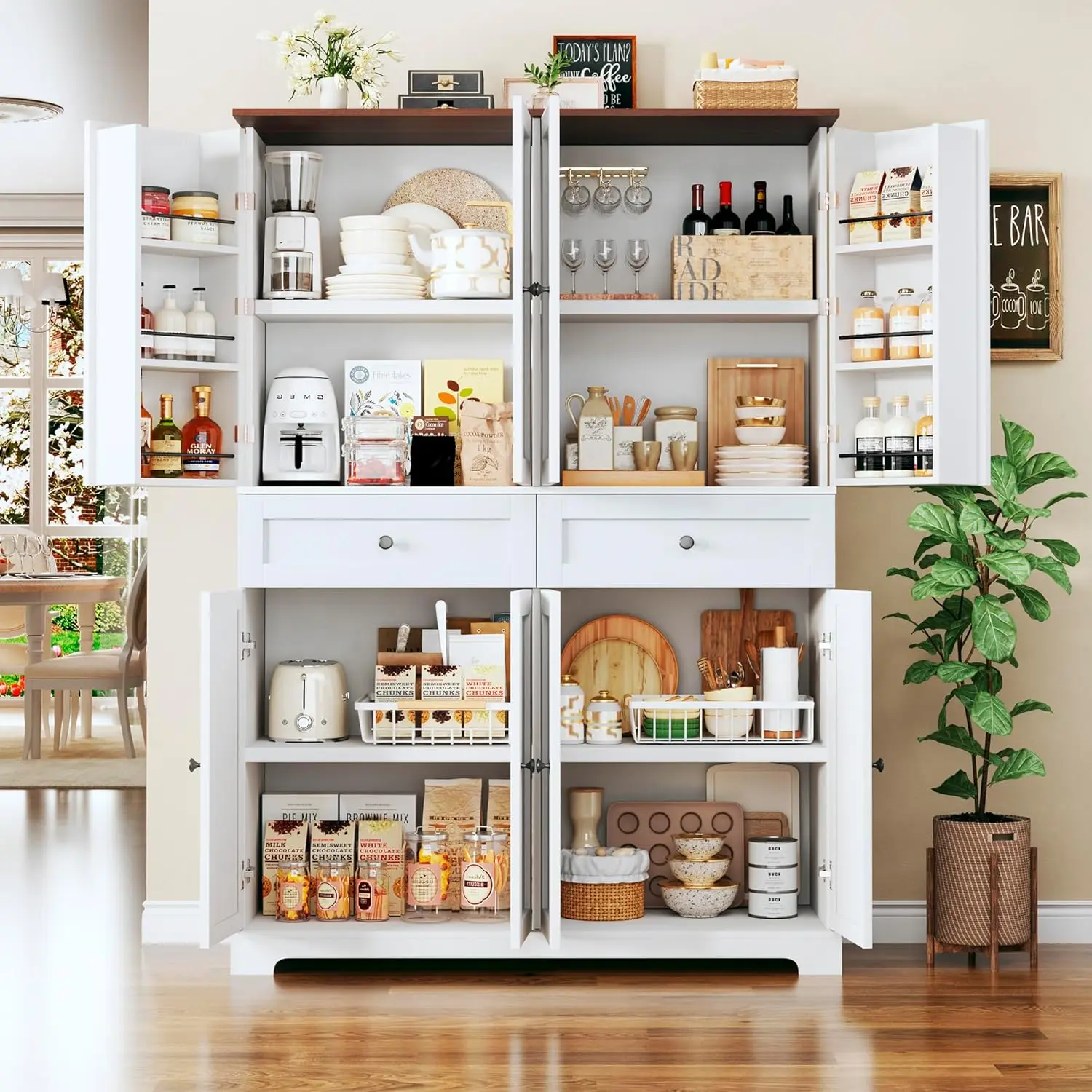 71" Kitchen Pantry Cabinet with 6 Door Shelves, Tall Pantry Storage Cabinet with 8 Doors & 4 Adjustable Shelves, Modern Kitchen Pantry with 2 Large Drawers for Dining Room, Living Room, White