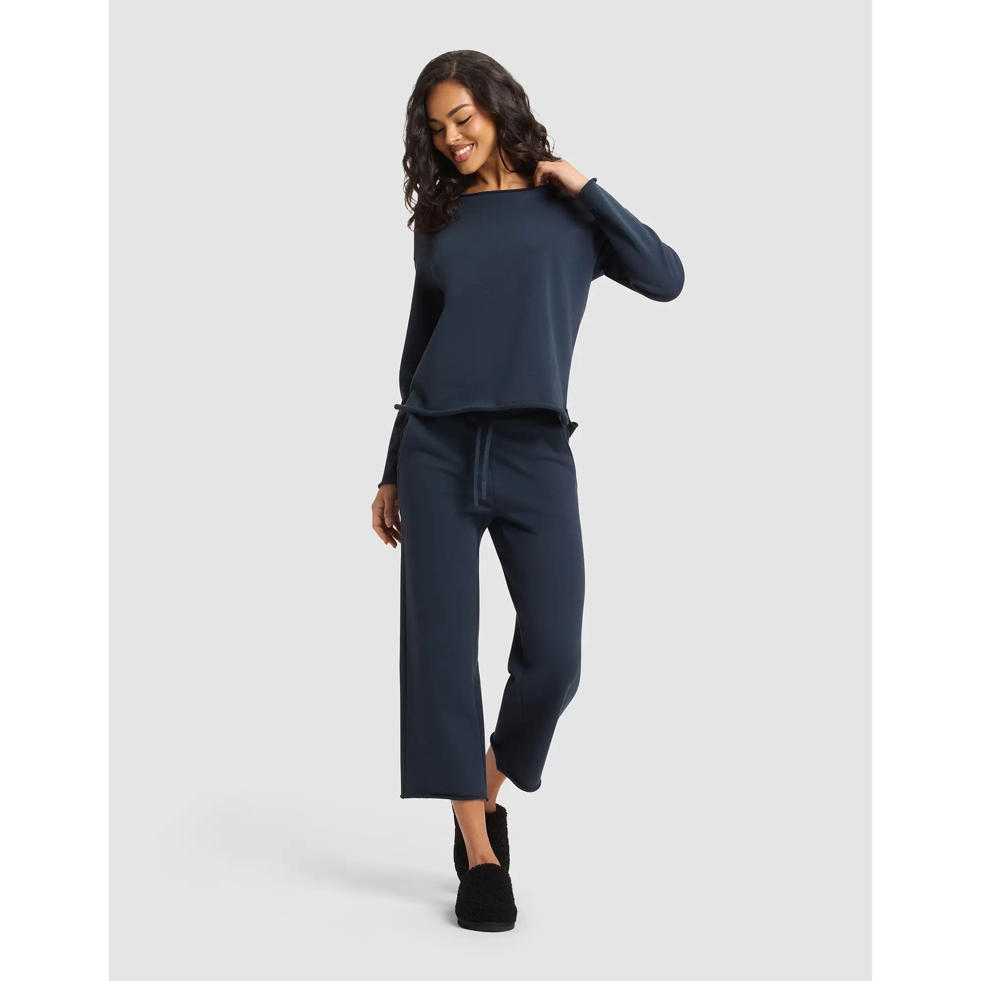 Cozy Earth Women’s Chelsea Cropped Set | Organic Cotton French Terry Pullover & Cropped Wide Leg Pant Set