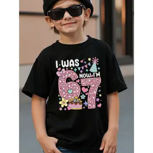 Girls' I Was 6, Now I'm 7 7th Birthday T-Shirt - Age 7 Outfit with Number Print, Casual Round Neck Summer Top, Cartoon Print Tee Suitable for 7-Year- Girls' & Casual Attire, Graphic Tee,Boy's T-shirt, Girl's T-shirt