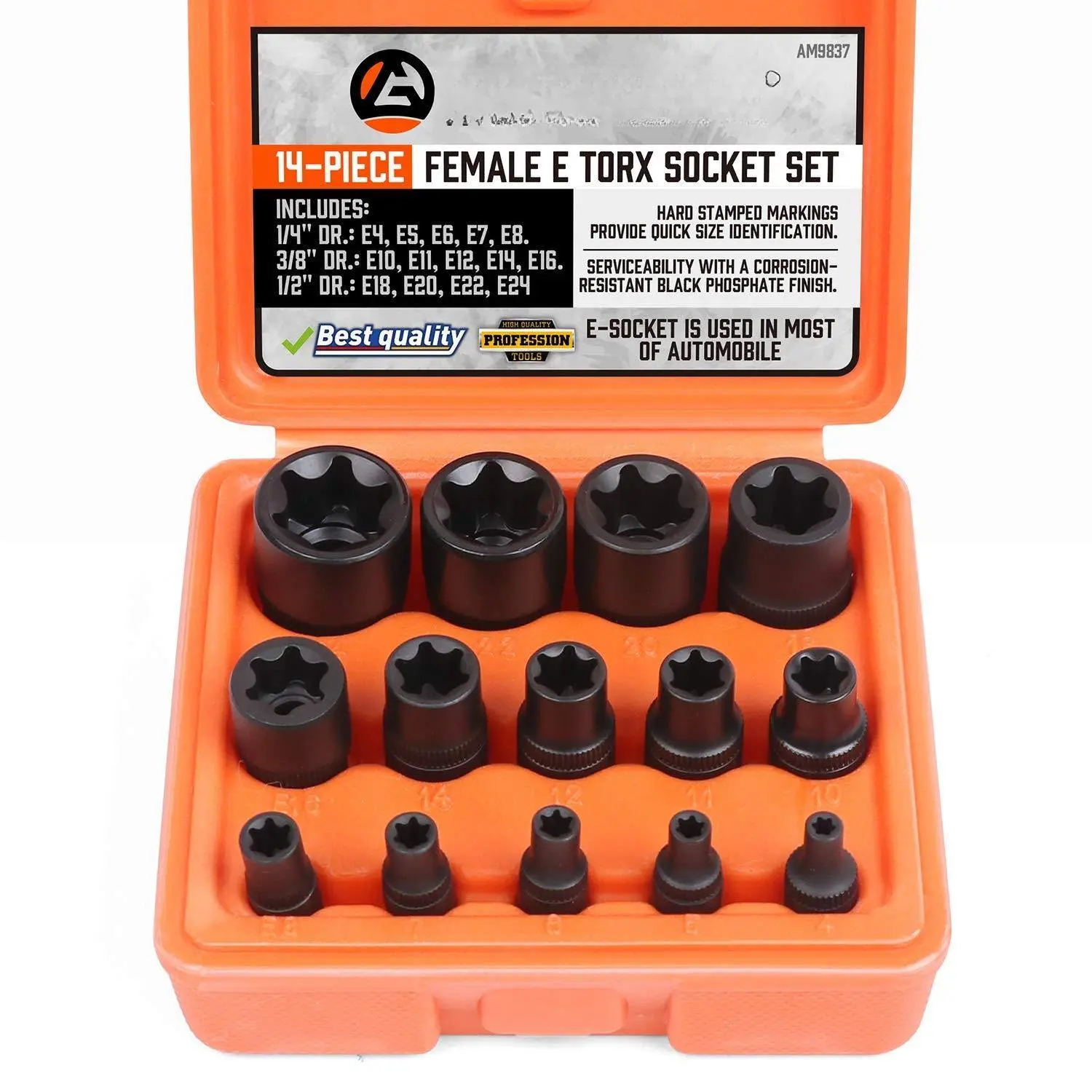 14 Pc Female E-torx Star Socket Set/rail  1/4" 3/8" 1/2" Drive E24 External Torque Set
