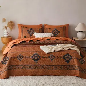 - Set, Southwestern Aztec Tribal Rustic Ranch, Reversible Lightweight Bedspread Coverlet, 3 Pieces, Burnt Orange, Queen/Full Size