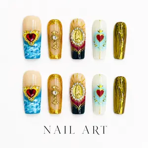 Luxury Baroque Press-On Nails - Long Square with 3D Gold Charms, Red Rhinestone Hearts, and Religious Iconography, Handcrafted Gel Full Cover Set