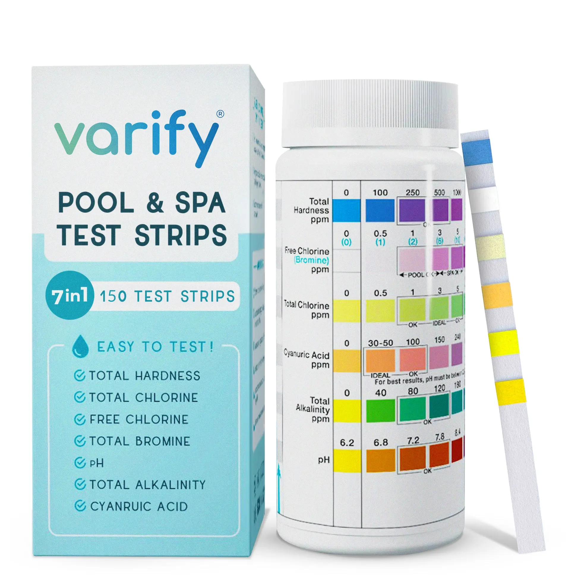 Varify 7 in 1 Pool and Spa Test Strips- Easy to Use Water Testing Kit for Pool, Spa, Hot Tub & More - Tester Strip for Water Hardness, Chlorine, Bromine, pH, Alkalinity and Cyanuric Acid (150 Strips)
