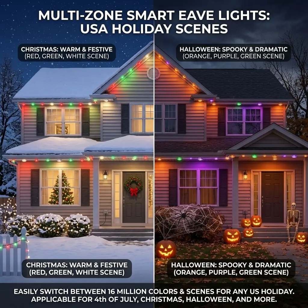 Permanent Exterior String Lights for House, Smart WiFi Outdoor Roof Lights with Timer Schedule, 16M Chasing Colors & Waterproof LED Lighting for Year-Round Security