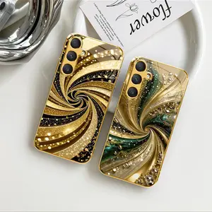 Luxury Gold-Plated Edge Case Liquid Swirl Glitter Glass Cover for Galaxy S24 Plus ---975