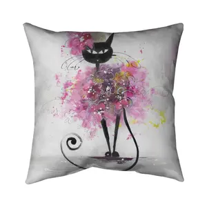 Begin Home Decor 5541-1616-AN30 16 x 16 in. Cartoon Cat Pillow - Pink Flowers - Bedroom Decor - Home