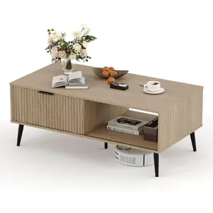 Garvee Storage Coffee Table, Wooden Coffee Tables with Sliding Door and Solid Wood Legs, 2-Tier Cocktail Table, Mid-Century Modern Coffee Table for Living Room