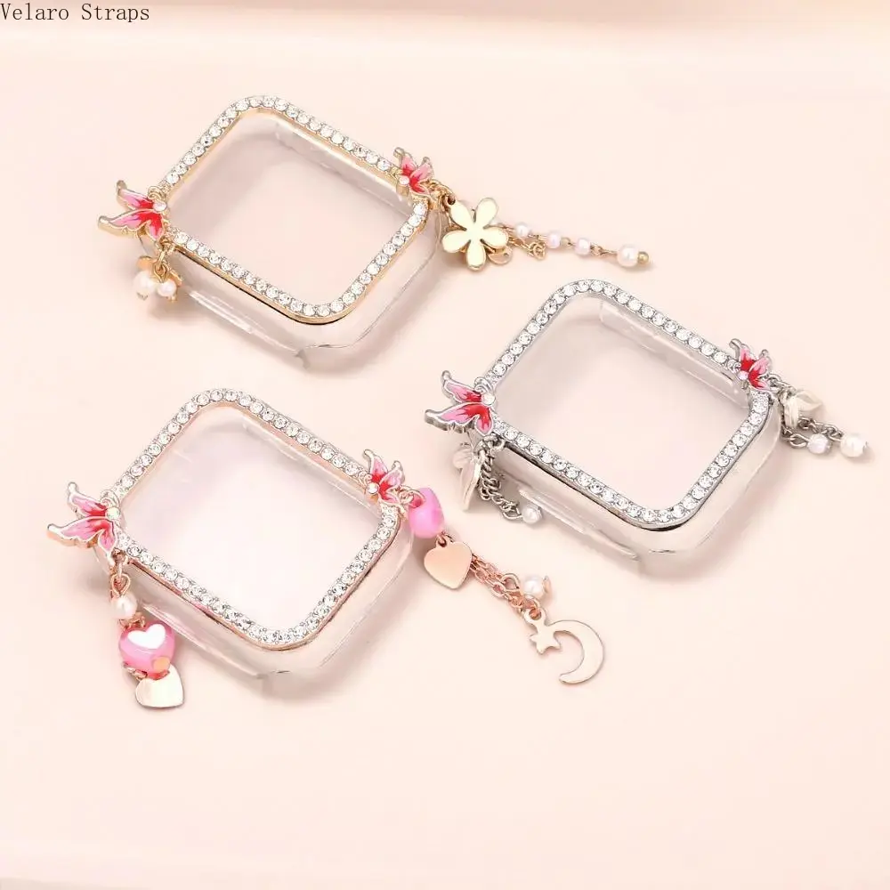 Rhinestone Apple Watch Case with Tassel Pendant, 2-in-1 PC Protective Cover with Screen Protector, Compatible with 38–49mm Series 1–7/SE