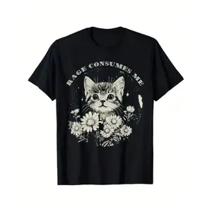 Cotton Summer T Shirts [Funny Cat T-Shirt] Soft Cotton Funny Cat Graphic T-Shirt - 'Rage Consumes Me' Sarcastic Kitten & Flower Design T-Shirt For Men and Women