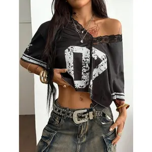 Women's Summer Sportswear Basic Y2K Number Pattern Contrast Lace V-Neck Jersey Over Size T-Shirt
