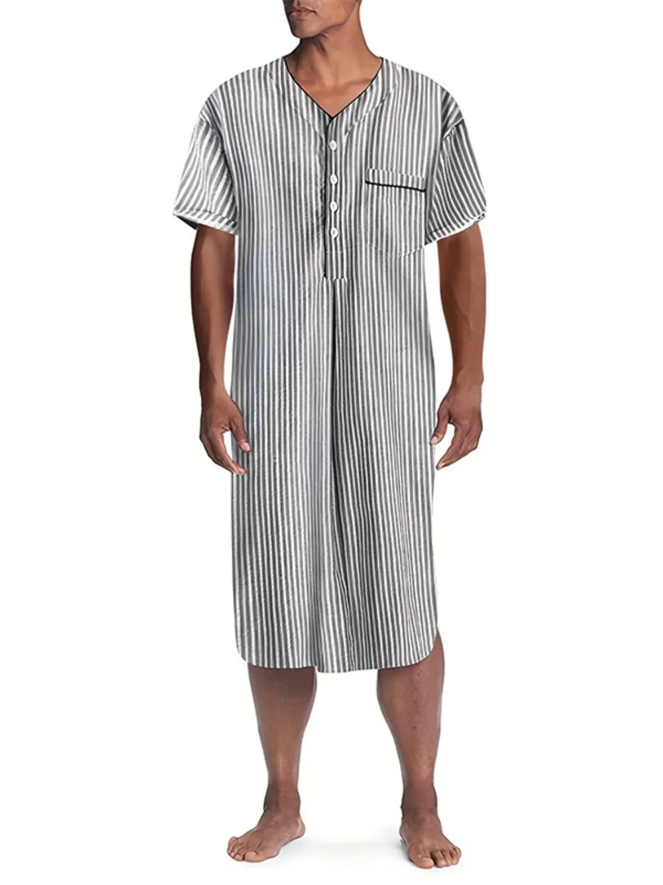 Muslim Long Robe Men Short Sleeve Thin Middle Eastern Arabic Sleepwear, Striped V-Neck Button Casual Loose Home Clothing