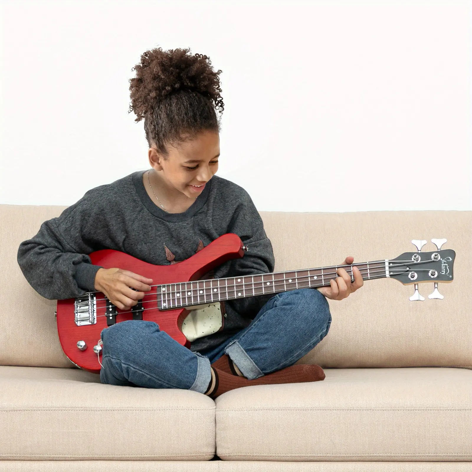 GW101 Electric Bass Guitar - 36in Body, 25.5in Scale Length, Mahogany Body, Rosewood Fretboard, Maple Component, Outopee Accent, Peroba Detail, 2 Single-Coil Pickups, USB-Powered, 36V Safe Design, 1.4in Nut Width, Included Gig Bag & Strap, Red