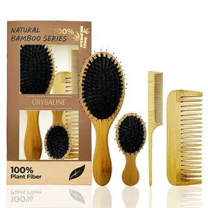 Set of 4 Oval Bristle Hair Combs, Bamboo Bristle Detangling & Styling Brushes, Large & Small Size for Precision Care, Bamboo Scalp Brush