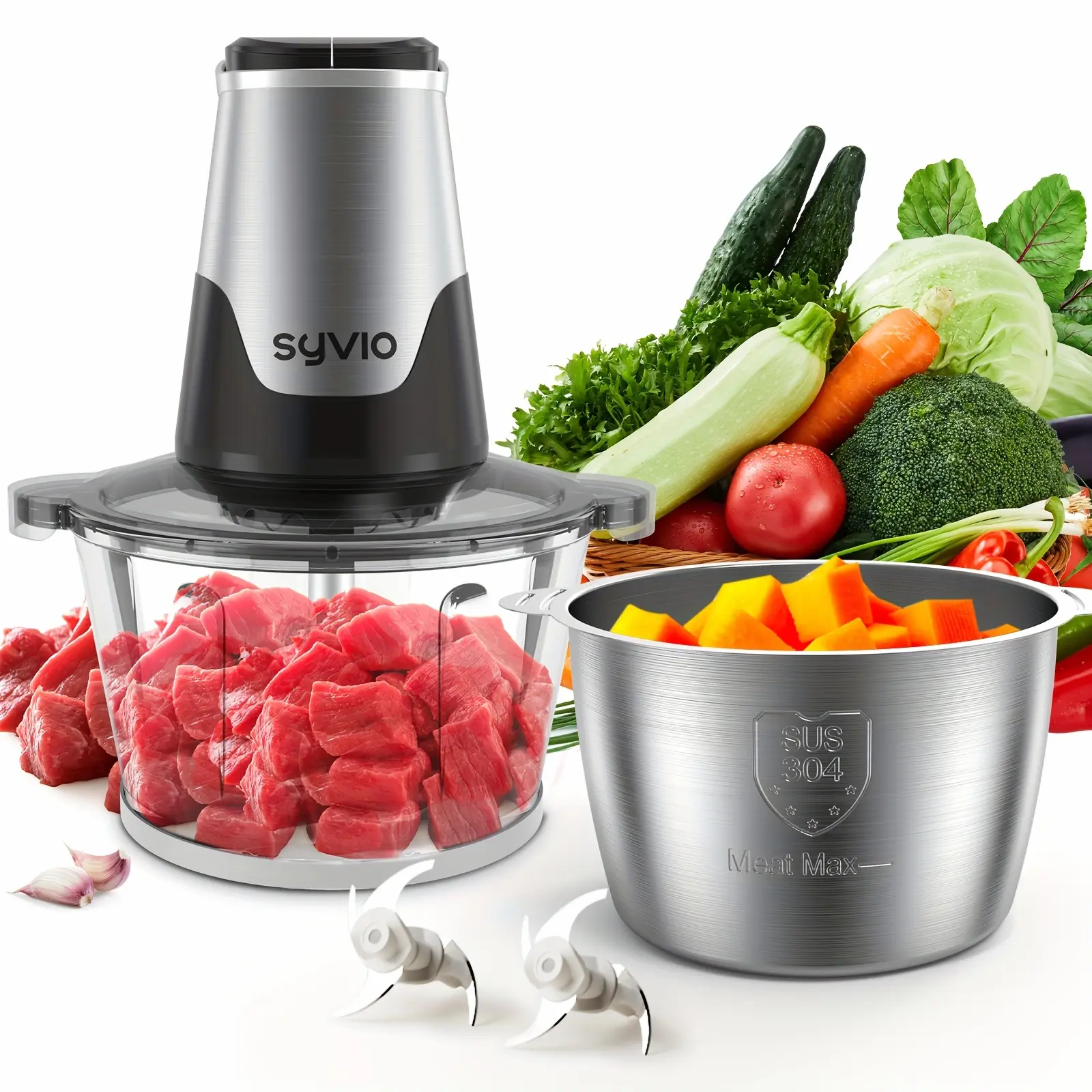 Syvio Food Processors with 2 Bowls, Meat Grinder 4 Bi-Level Blades, Mini Electric Food Chopper 450W, for Baby Food, Meat, Onion, Vegetable Chopper, 2 Speed, 8 Cup And 8 Cup, Christmas Gifts