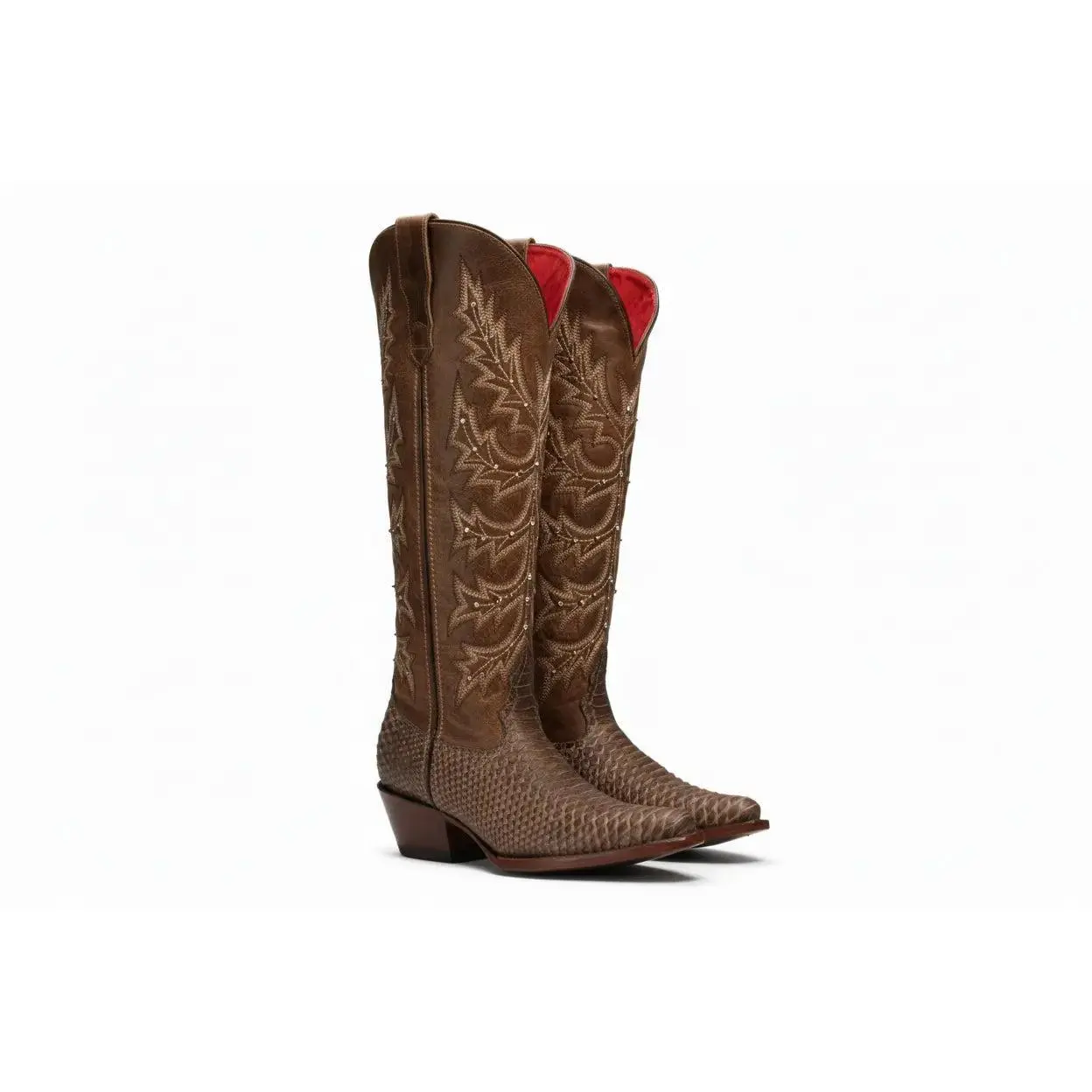 Desert Star Brown Python Leather Cowgirl Boots – Tall 17" Western Snip Toe Boots with Starburst Embroidery for Women - Walking Shoes