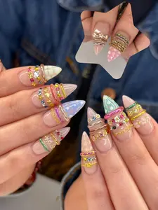 3D Maximalist Jewelry Press On Nails | Colorful Rhinestone & Gold Liquid Metal Long Stiletto Nail Bracelet | Y2K Indie Luxury Nail Rings