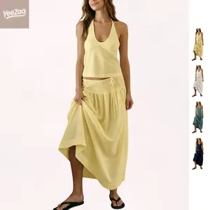 YeeZaa 2 Piece Linen Skirt Set for Women 85%Cotton & 15%Linen Summer Outfits Sandshell Linen Skirt Set Sleeveless Halter Open Back Top Maxi Skirt Two Piece Sets with Pockets Cotton Blend Resort Vacation Casual Beach Travel Wear