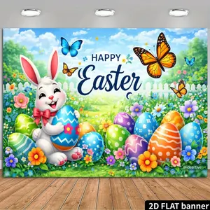 2d flat Easter-themed wood grain background cloth, Party Decorations Banners, Backdrop Picture, Indoor Backdrops, featuring a white rabbit (holding an Easter egg), Easter eggs (green stripes, purple waves, orange dots, red twill, blue polka dots), butte