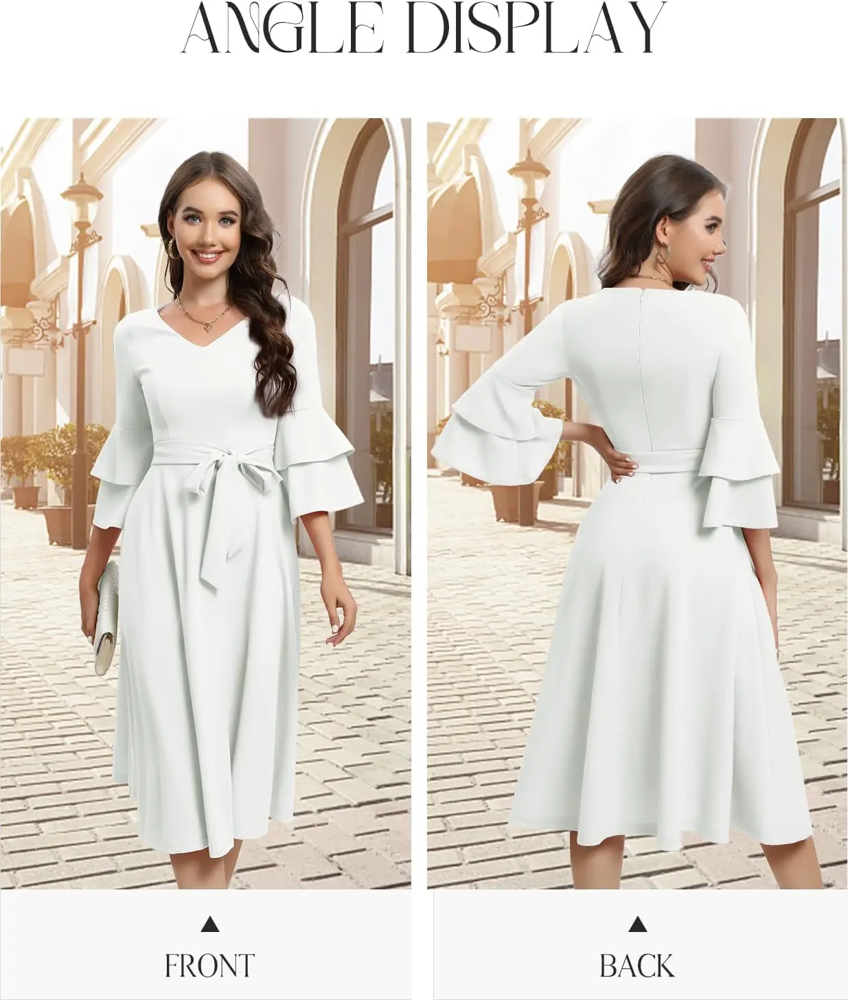 Women's 5-Sleeve Mid-Length Slim-Fit Formal Dress, Elegant Casual Beach Wear Essential Solid Womenswear Basic