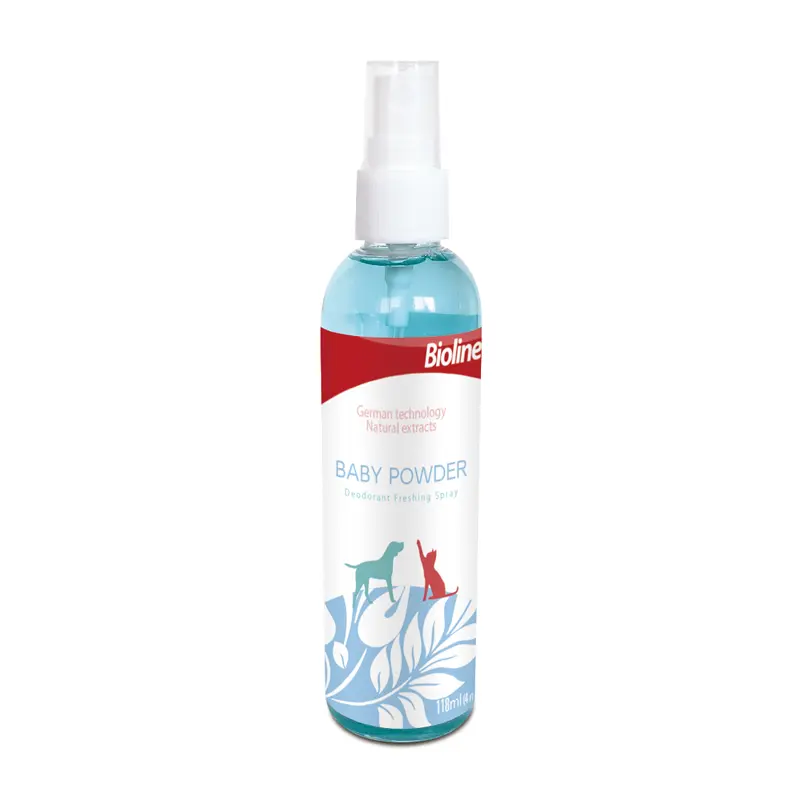 Bioline 118ml Pet Perfume & Odor Eliminator Spray Cat Dog Baby Powder Scent Long-Lasting Dog Deodorizer Gentle Cat Body Freshener Cologne for Pet Care