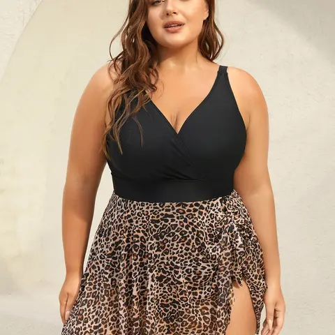 BloomChic Leopard Print Knotted Surplice Swim Dress 【M-6XL】