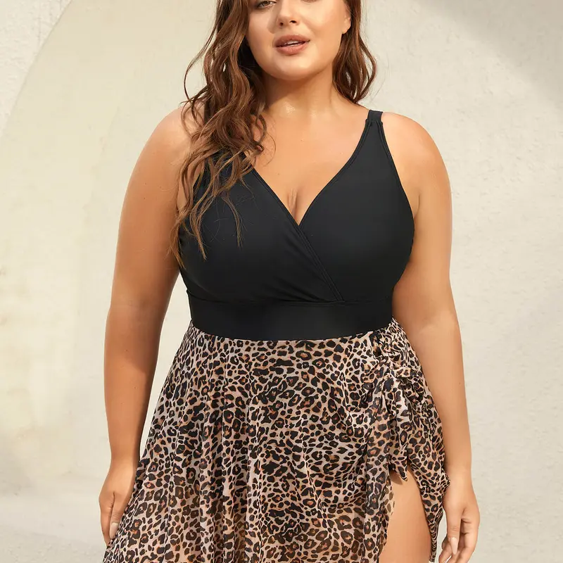 BloomChic Leopard Print Knotted Surplice Swim Dress 【M-6XL】