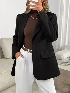 Women's Pure Color Business Long Sleeve Suit Jacket, Minimalist Blazer, Single Button Flap Pocket Design, Modern Minimalist Loose-Fitting Workwear for All Seasons