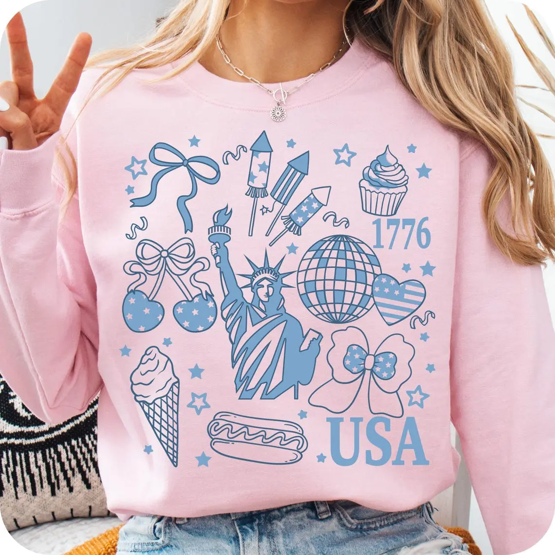 Preppy Retro America Shirt, Cute Coquette USA Shirt for July 4th, Red White and Blue Shirt, Girly Patriotic Holiday Tee